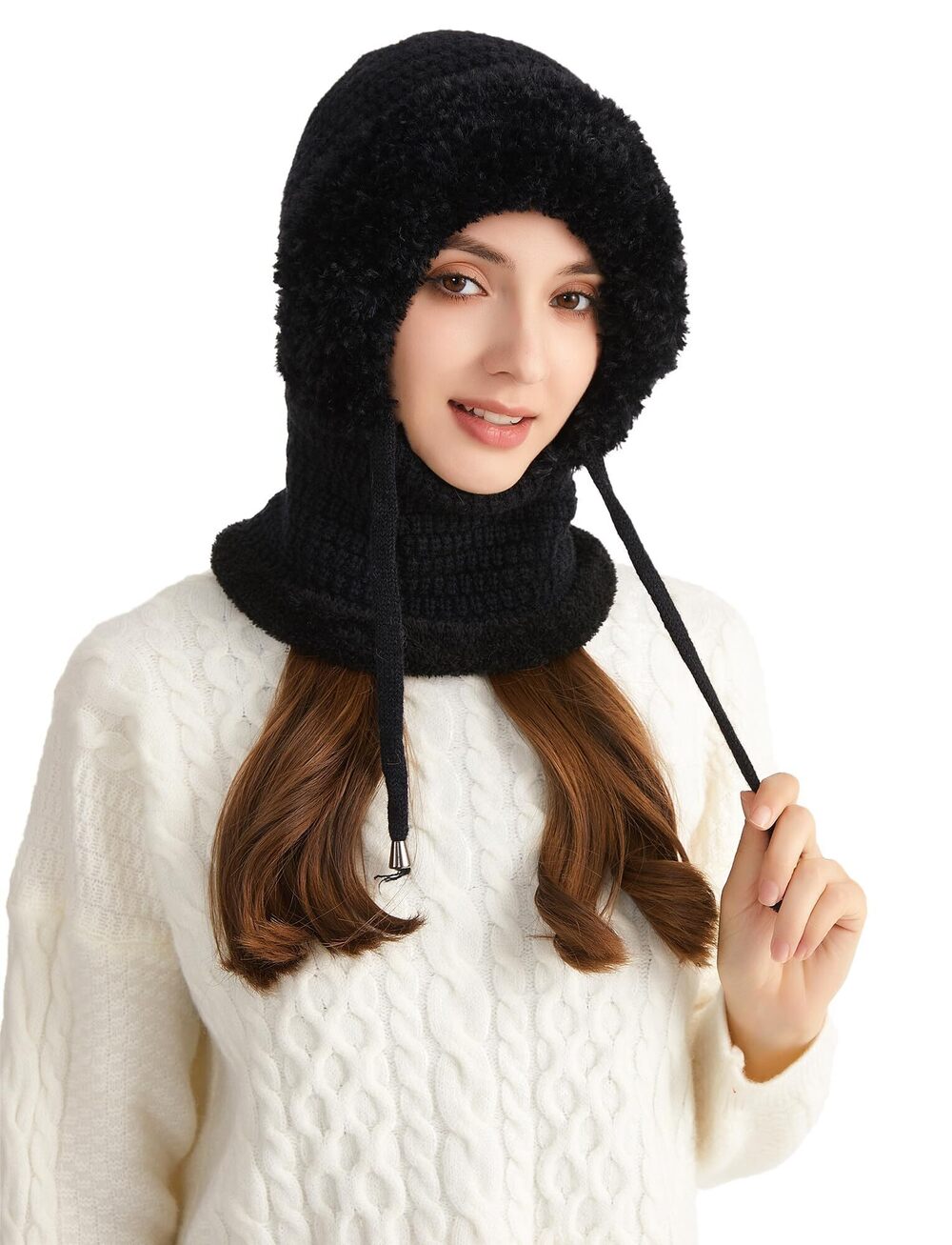 1656 One Piece Knitted Fur Cap Winter Warm Mask Cap Set Hooded Slouchy